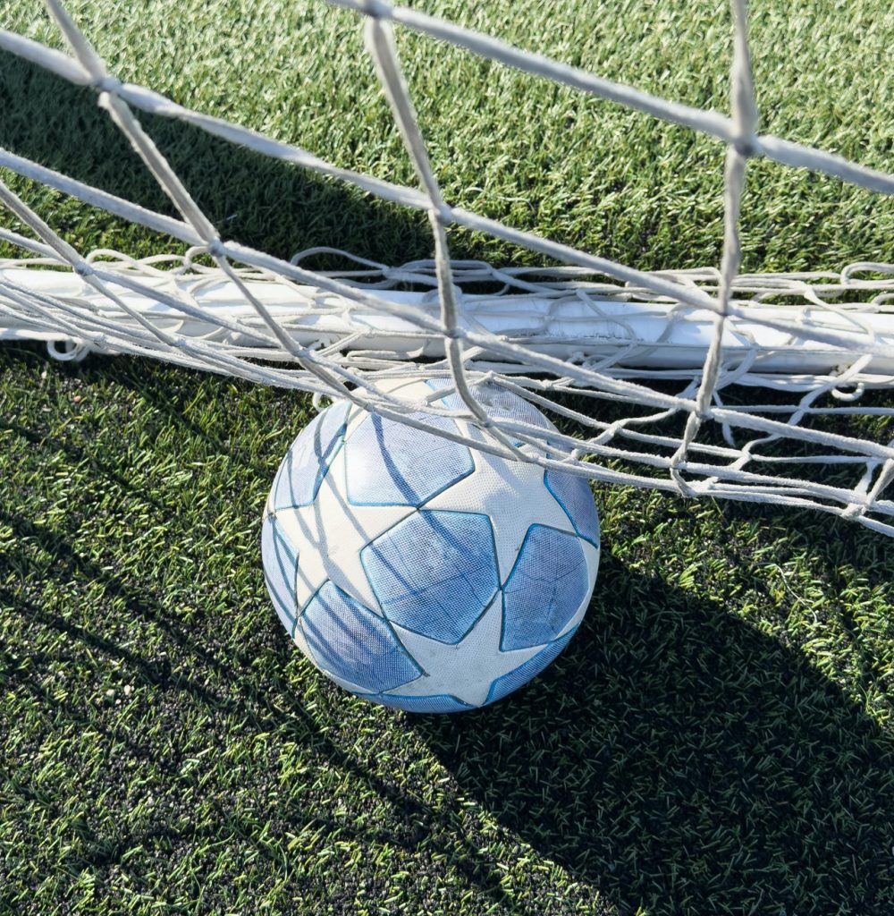 soccer ball flies into the gate on a green background. Close up.